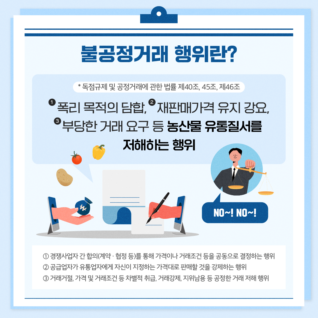 농림축산식품부에서 농산물 유통질서를 저해하는 행위를 근절하고, 현장에서 불공정거래 행위를 적극적으로 신고할 수 있도록 공정거래법에 근거한 신고제도 및 신고방법을 아래과 같이 알려드리오니, 농산물의 생산.유통 과정 중 사재기, 담합 등 불공정한 거래행위가 발생하지 않도록 적극 협조 바랍니다.ㅁ 농산물 불공정거래행위 신고 방법(온라인 신청)   1. 공정거래위원회(www.ftc.go.kr) 접속, 우측 중간 