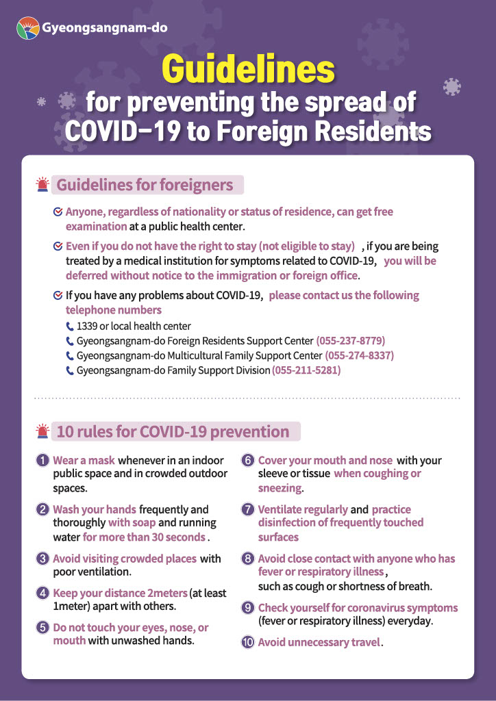 □ COVID□19 to Foreign Residentsfor preventing the spread of Guidelines □ Anyone who has symtoms related to COVID□19, regardless of nationality or status of residence, can get free examination at a public health center.(If you are not eligible to stay, you can get free examination without any symtoms related to COVID□19)Even if you do not have the right to stay (not eligible to stay), if you are being treated by a medical institution for symptoms related to COVID□19, you will be deferred without notice to the immigration or foreign office. If you have any problems about COVID□19, please contact us the following telephone numbers.1339 or local health centerGyeongsangnam□do Foreign Residents Support Center(055□277□8779)Gyeongsangnam□do Multicultural Family Support Center(055□274□8337)Gyeongsangnam□do Family Support Division(055□211□5291)※ 10 rules for COVID□19 prevention1. Wear a mask whenever in an indoor, public space and in crowded outdoor spaces.2. Wash your hands frequently and thoroughly with soap and running water for more than 30 seconds.3. Avoid visiting crowded places with poor ventilation.4. Keep your distance 2 meters(at least 1meter) apart with others.5. Do not touch your eyes, nose, or mouth with unwashed hands.6. Cover your mouth and nose with your sleeve or tissue when coughing or sneezing.7. Ventilate regularly and practice disinfection of frequently touched surfaces8. Avoid close contact with anyone who has fever or respiratory illness, such as cough or shortness of breath.9. Check yourself for coronavirus symptoms(fever or respiratory illness) everyday.10. Avoid unnecessary travel. □ 외국인주민 코로나19 확산방지 가이드라인 □ ■ 외국인 관련 안내사항국적, 체류자격에 관계없이 진단검사가 필요하다고 인정되는 경우 보건소에서 무료검사 가능(단, 무자격 외국인의 경우, 무증상 시에도 무료로 검사 가능)체류 자격이 없는 (무자격 체류) 경우에도 코로나19 관련 증상으로 의료기관에서진료받는 경우 출입국·외국인관서 등으로 통보되지 않고 단속도 유예코로나19로 인한 애로사항이 있으면, 아래 전화로 상담하여 주시기 바랍니다.1339 또는 관할 보건소경상남도 외국인주민 지원센터 055□277□8779경상남도다문화가족지원센터 055□274□8337경남도청 가족지원과 055□211□5291 -상세내용은 본문을 참조하세요