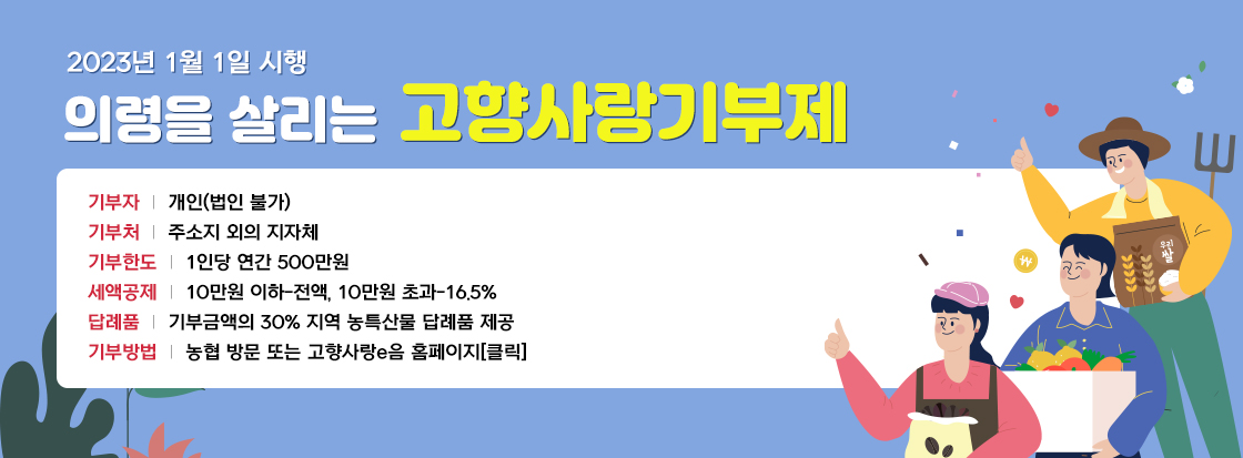 2023년 1월 1일 시행 의령을 살리는 고향사랑기부제

기부자 : 개인(법인 불가)
기부처 : 주소지 외의 지자체
기부한도 : 1인당 연간 500만원
세액공제 : 10만원 이하-전액, 10만원 초과-16.5%
답례품 : 기부금액의 30% 지역 농특산물 답례품 제공
기부방법 : 농협 방문 또는 고향사랑e음 홈페이지 클릭