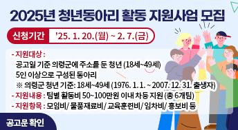 2025년 청년동아리 활동 지원사업 모집

신청기간 : '25. 1. 20.(월) ~ 2. 7.(금)

-지원대상: 공고일 기준 의령군에 주소를 둔 청년(18세~49세) 5인 이상으로 구성된 동아리
※ 의령군 청년 기준: 18세~49세(1976. 1. 1. ~ 2007. 12. 31. 출생자)
-지원내용: 팀별 활동비 50~100만원 이내 차등 지원(총 6개팀)
-지원항목: 모임비/ 물품재료비/ 교육훈련비/ 임차비/ 홍보비 등