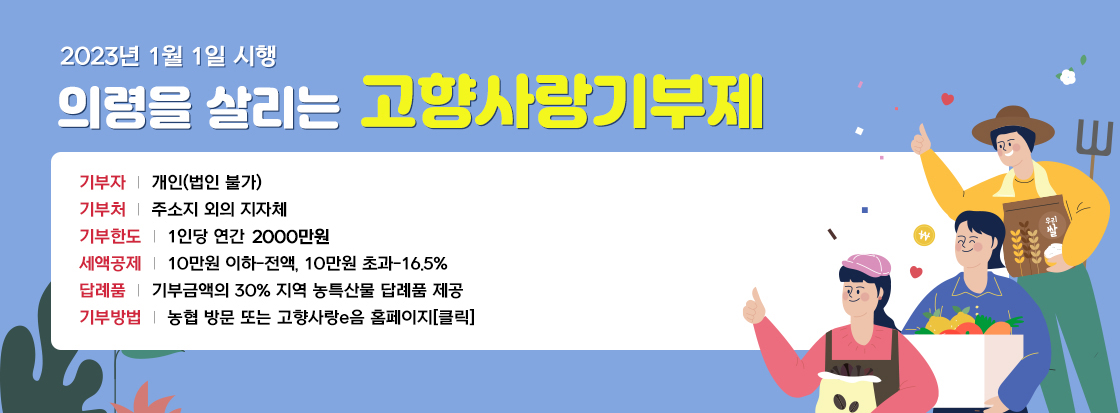 2023년 1월 1일 시행 의령을 살리는 고향사랑기부제

기부자 : 개인(법인 불가)
기부처 : 주소지 외의 지자체
기부한도 : 1인당 연간 2000만원
세액공제 : 10만원 이하-전액, 10만원 초과-16.5%
답례품 : 기부금액의 30% 지역 농특산물 답례품 제공
기부방법 : 농협 방문 또는 고향사랑e음 홈페이지 클릭