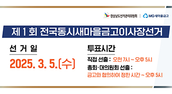 제 1회 전국동시새마을금고이사장선거

선거일 : 2025.3.5.(수)
투표시간 : 직접선출 : 오전 7시 ~ 오후 5시
총회 대의원회 선출 : 금고와 협의하여 정한 시간 ~ 오후 5시