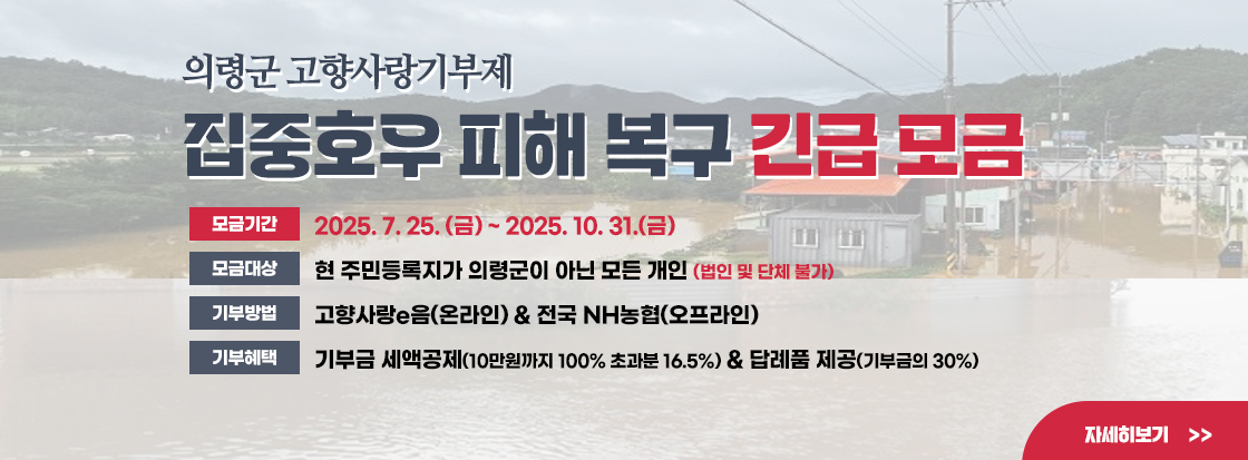 의령군 고향사랑기부제 
집중호우 피해 복구 긴급 모금

모금기간 : 2025. 7. 25. (금) ~ 2025. 10. 31.(금)
모금대상 : 현 주민등록지가 의령군이 아닌 모든 개인 (법인 및 단체 불가)
기부방법 : 고향사랑e음(온라인) & 전국 NH농협(오프라인)
기부혜택 : 기부금 세액공제(10만원까지 100% 초과분 16.5%) & 답례품 제공(기부금의 30%)

자세히보기