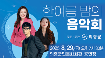 한여름 밤의 음악회

주관 주관 의령군

2025.8.29.(금) 오후 7시 30분
의령군민문화회관 공연장