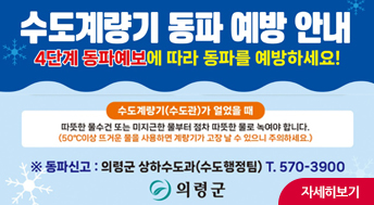 수도계량기 동파 예방 안내 
4단계 동파예보에 따라 동파를 예방하세요
수도계량기(수도관)가 얼었을 때
따뜻한 물수건 또는 미지근한 물부터 점차 따뜻한 물로 녹여야 합니다.
(50도씨 이상 뜨거운 물을 사용하면 계량기가 고장 날 수 있으니 주의하세요.)

※동파신고 : 의령군 상하수도과(수도행정팀) T.570-3900
의령군

자세히보기