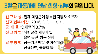 3월은 자동차세 연납 신청·납부의 달입니다.

신 고 대 상: 현재 의령군에 등록된 자동차 소유자
신고(납부)기간: 2026. 3. 3. ∼ 3. 31.
공  제  율: 연세액의 3.7%
신 고 방 법: 의령군청 재무과 및 읍면 유선·방문 신청
납 부 방 법: 금융기관 방문 및 가상계좌, 신용카드, 금융앱 등