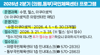 2026년 2분기 (의령,동부)국민체육센터 프로그램

운영과목: 수영, 헬스, 아쿠아로빅(※ 아쿠아로빅은 의령센터만 해당)
운영기간
 - 수영·아쿠아로빅: 2026. 4. 1. ~ 6. 30.(3개월)
접수기간: 2026. 3. 21. ~ 3. 31. (※ 헬스: 상시 접수)
  *접수기간이 지나면 추가 접수는 불가하오니 유의하시기 바랍니다. 
접수장소
- 의령국민체육센터 1층 안내데스크(☎ 570-2835)
- 동부국민체육센터 1층 안내데스크(☎ 570-2863)